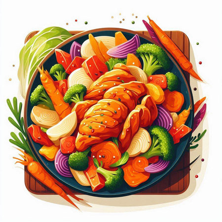 Vegetable salad with chicken, carrot, onion, broccoli. Vector illustrationのイラスト素材