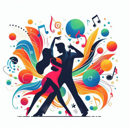 Couple dancing tango in front of colorful music background, vector illustrationのイラスト素材