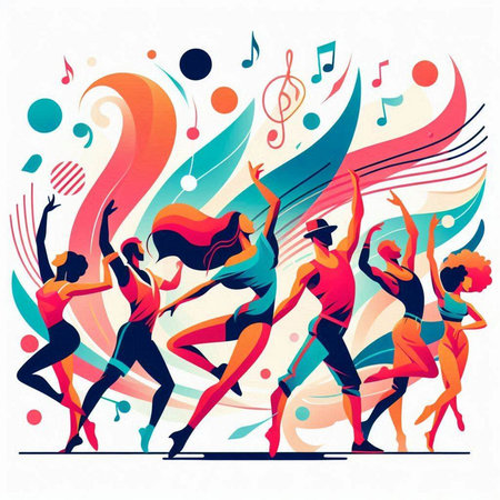 Group of dancing people with notes. Vector illustration in retro style.のイラスト素材