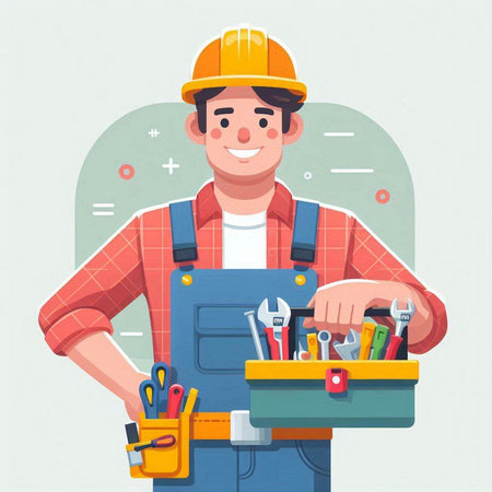 Cartoon vector illustration of handyman in hardhat holding toolboxのイラスト素材