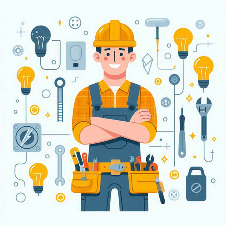 Engineer with tools. Vector illustration in flat style on white background.のイラスト素材