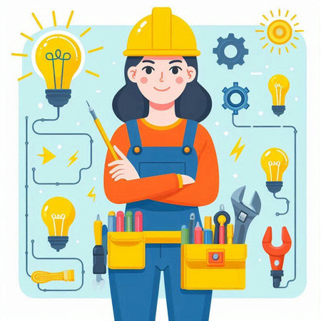 Worker with tools. Repairman in uniform. Vector illustration.のイラスト素材