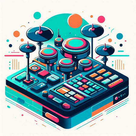 Colorful isometric dj mixer on colorful background. Vector illustration.のイラスト素材