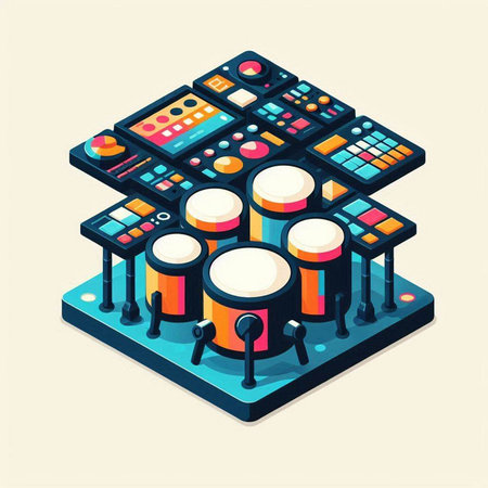 Drum kit isometric vector illustration. 3D isometric musical instruments.のイラスト素材