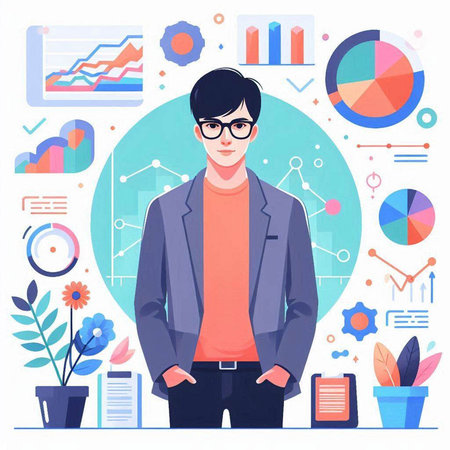 Businessman in glasses standing with hands in pockets. Vector illustration.のイラスト素材