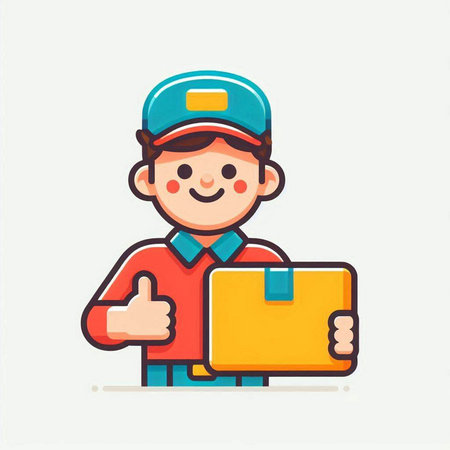 Delivery man with parcel and thumbs up. Vector illustration in flat styleのイラスト素材