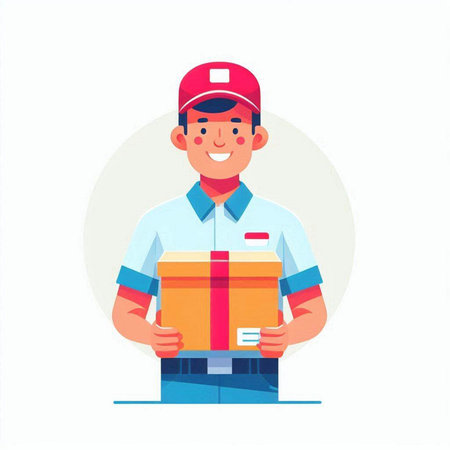 Smiling delivery man in uniform holding parcel boxes. Flat vector illustrationのイラスト素材