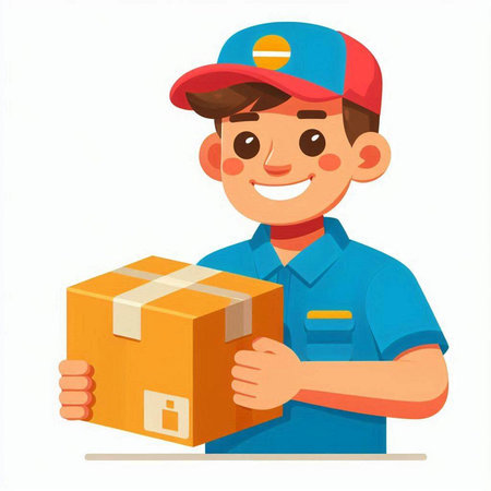 Delivery man in uniform holding parcel box. Vector illustration in cartoon styleのイラスト素材