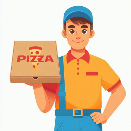 Delivery man in uniform holding pizza box. Vector illustration in cartoon styleのイラスト素材
