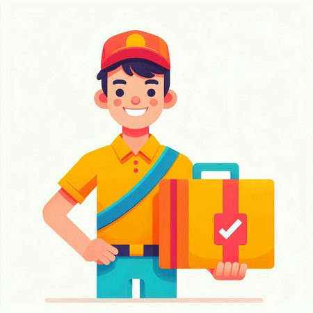Vector illustration of a smiling delivery man in uniform holding a suitcase.のイラスト素材