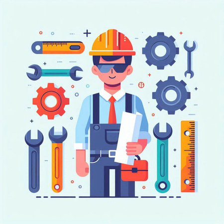 Engineer in helmet and overalls with tools. Vector flat illustrationのイラスト素材