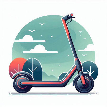 Modern electric scooter on the background of the landscape. Vector illustration.のイラスト素材