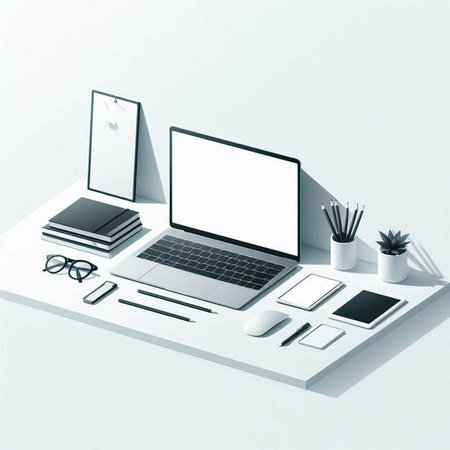 Top view of workspace with laptop, smartphone, stationery and other items. Mock up, 3D Renderingのイラスト素材