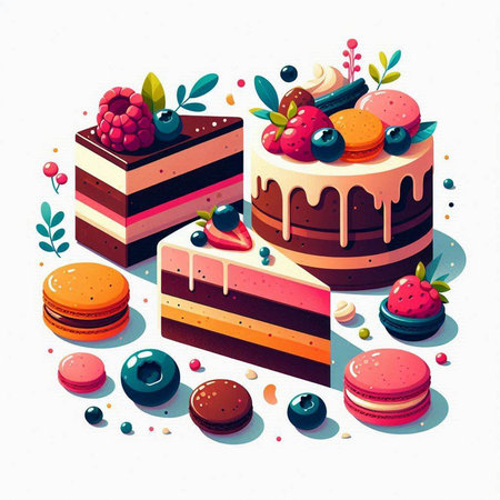 Vector illustration of a sweet cake with berries and macaroons.のイラスト素材
