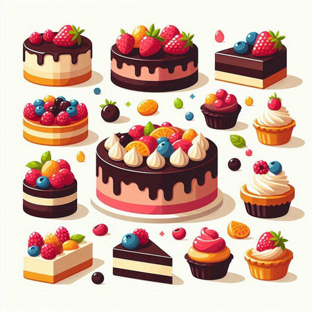 Strawberry cake with whipped cream and fresh berries. Vector illustration.のイラスト素材