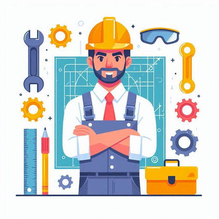 Engineer in helmet and overalls with tools. Vector flat cartoon illustrationのイラスト素材