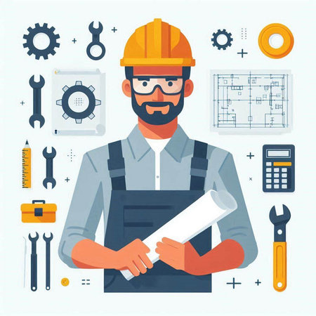 Architect with blueprint. Vector illustration in flat style. Engineer with construction tools.のイラスト素材