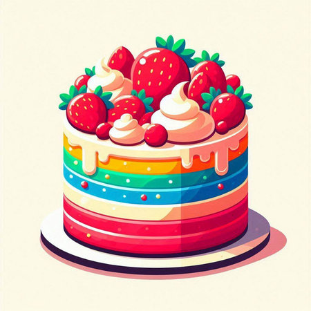 Strawberry cake with whipped cream and fresh berries. Vector illustration.のイラスト素材