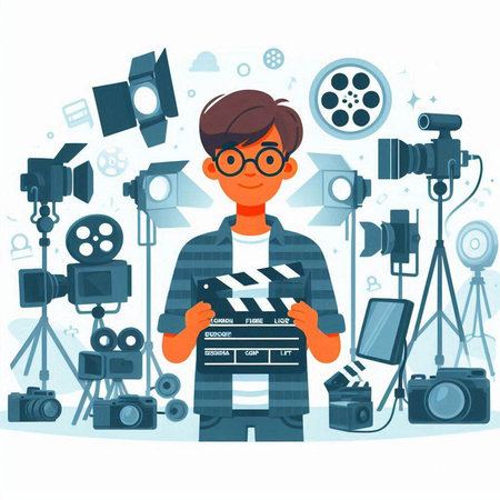 Cinematographer with movie clapperboard and camera on background. Vector illustration in flat styleのイラスト素材