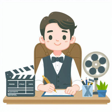 Illustration of a Man Writing on a Paper with a Movie Clapper Boardのイラスト素材