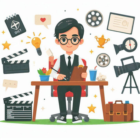 Cinema director sitting at the table with camera, clapperboard, film reel, tickets and other icons. Vector illustration.のイラスト素材