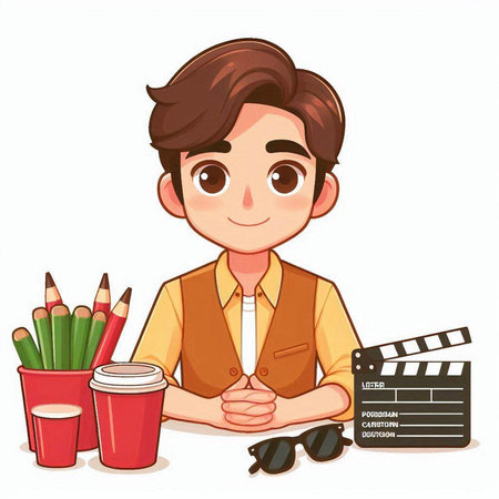 Cinema boy with movie clapper and glasses. Vector illustration.のイラスト素材