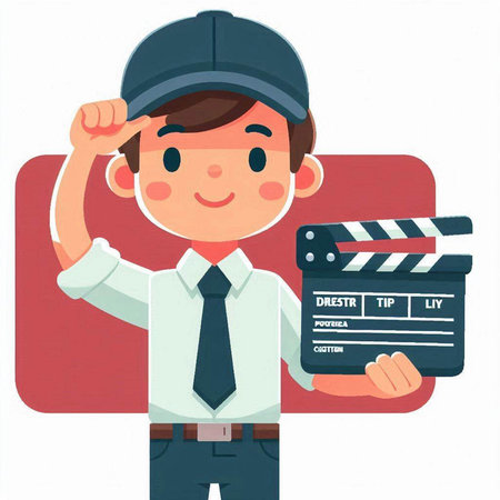 Caucasian man holding a movie clapper board. Vector illustration.のイラスト素材