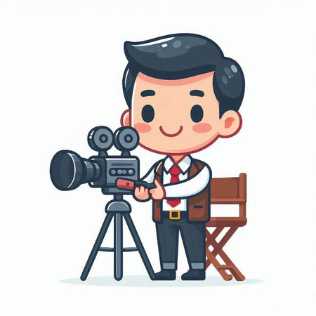 Cameraman with camera and chair. Cute cartoon vector illustration.のイラスト素材