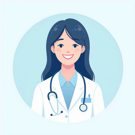 Smiling female doctor in white coat with stethoscope. Vector illustrationのイラスト素材