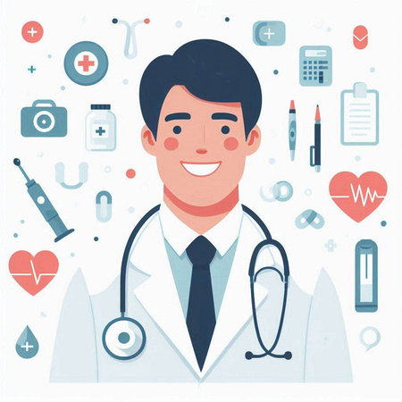 Smiling young male doctor with stethoscope. Vector illustration.のイラスト素材