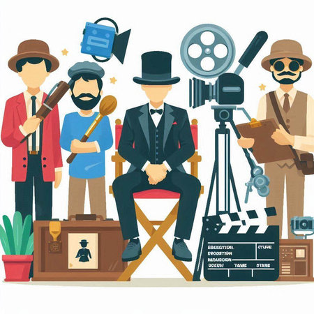 Cinema movie crew. Filmmakers, cameraman, film crew, cameraman. Vector illustrationのイラスト素材