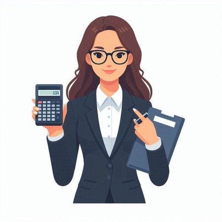 Business woman holding calculator and clipboard. Vector illustration in cartoon style.のイラスト素材