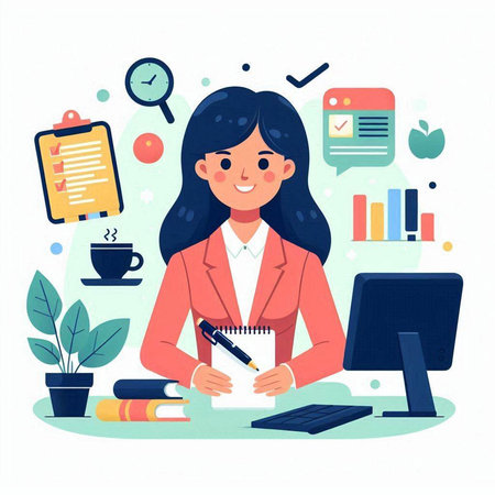 Business woman working at office. Vector illustration in flat cartoon style.のイラスト素材