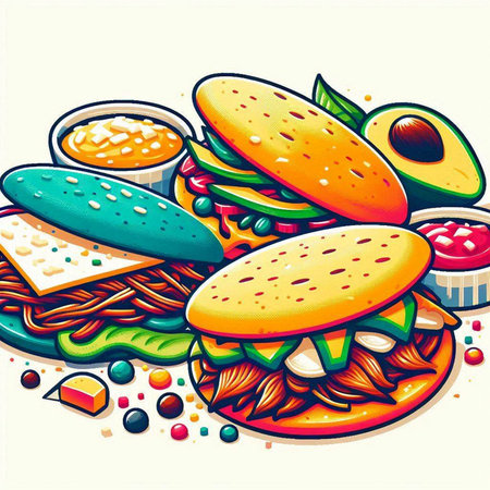 Illustration of hamburger with different fillings. Vector illustration.のイラスト素材