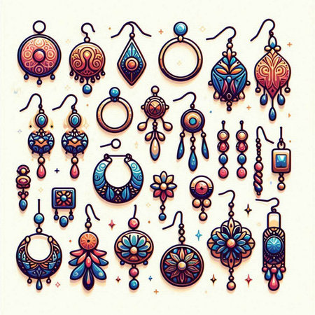 Hand drawn vector set of jewelry and earrings. Vintage style.のイラスト素材