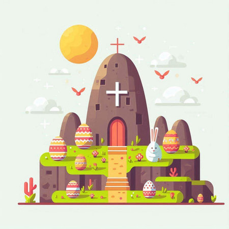 Easter background with a church and eggs. Vector illustration in flat styleのイラスト素材