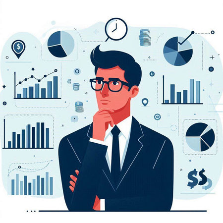 Businessman thinking and looking at charts and graphs. Vector illustration.のイラスト素材