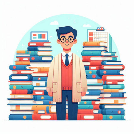 Man in coat and glasses standing near pile of books. Vector illustrationのイラスト素材