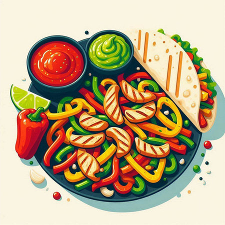 Mexican food. Illustration of tacos with guacamole and chilli pepperのイラスト素材
