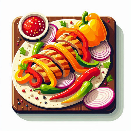Kebab with vegetables and sauce on a wooden board. Vector illustrationのイラスト素材