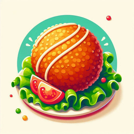 Illustration of a hamburger on a plate with salad and tomatoのイラスト素材