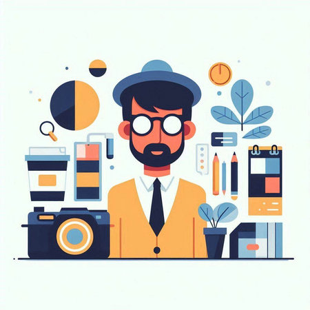 Vector illustration of hipster man in hat and glasses with camera and accessories. Flat style design.のイラスト素材