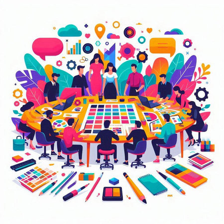 Flat design vector illustration concept of business people working around the table.のイラスト素材