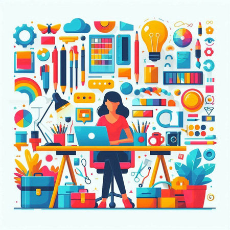 Creative business concept. Vector illustration in flat design style. Woman working on a laptop.のイラスト素材