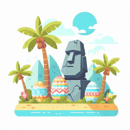 Easter eggs on the beach with palm trees. Vector illustration.のイラスト素材