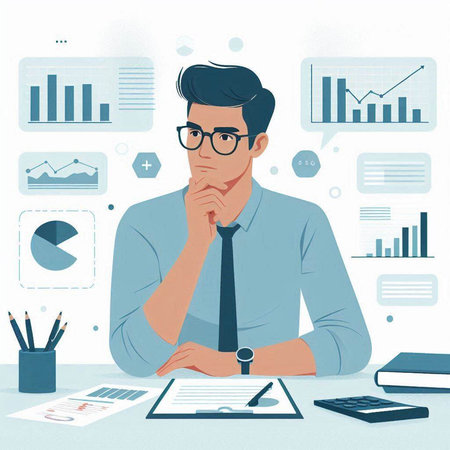 Vector illustration of a young man sitting at the table in office.のイラスト素材