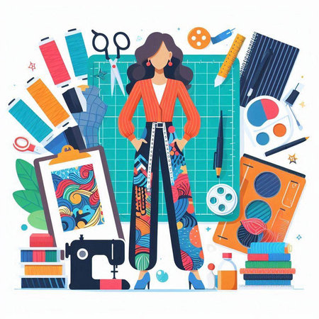 Flat design vector illustration of fashion designer woman with accessories for sewing.のイラスト素材
