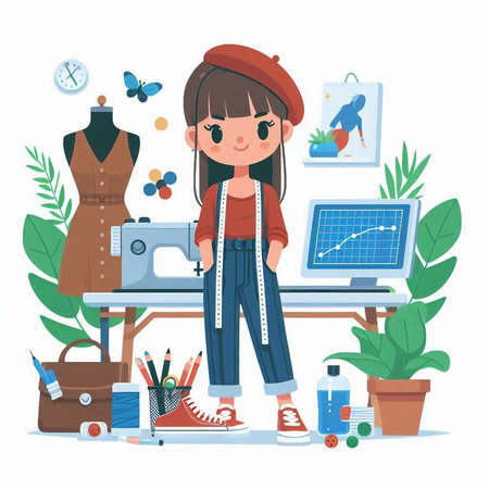 Fashion designer girl standing at her workplace. Vector illustration in cartoon style.のイラスト素材