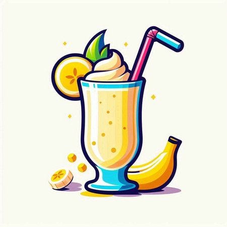 Banana smoothie in a glass with a straw. Vector illustration.のイラスト素材