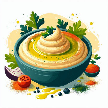 Bowl of hummus with olive oil and spices. Vector illustration.のイラスト素材